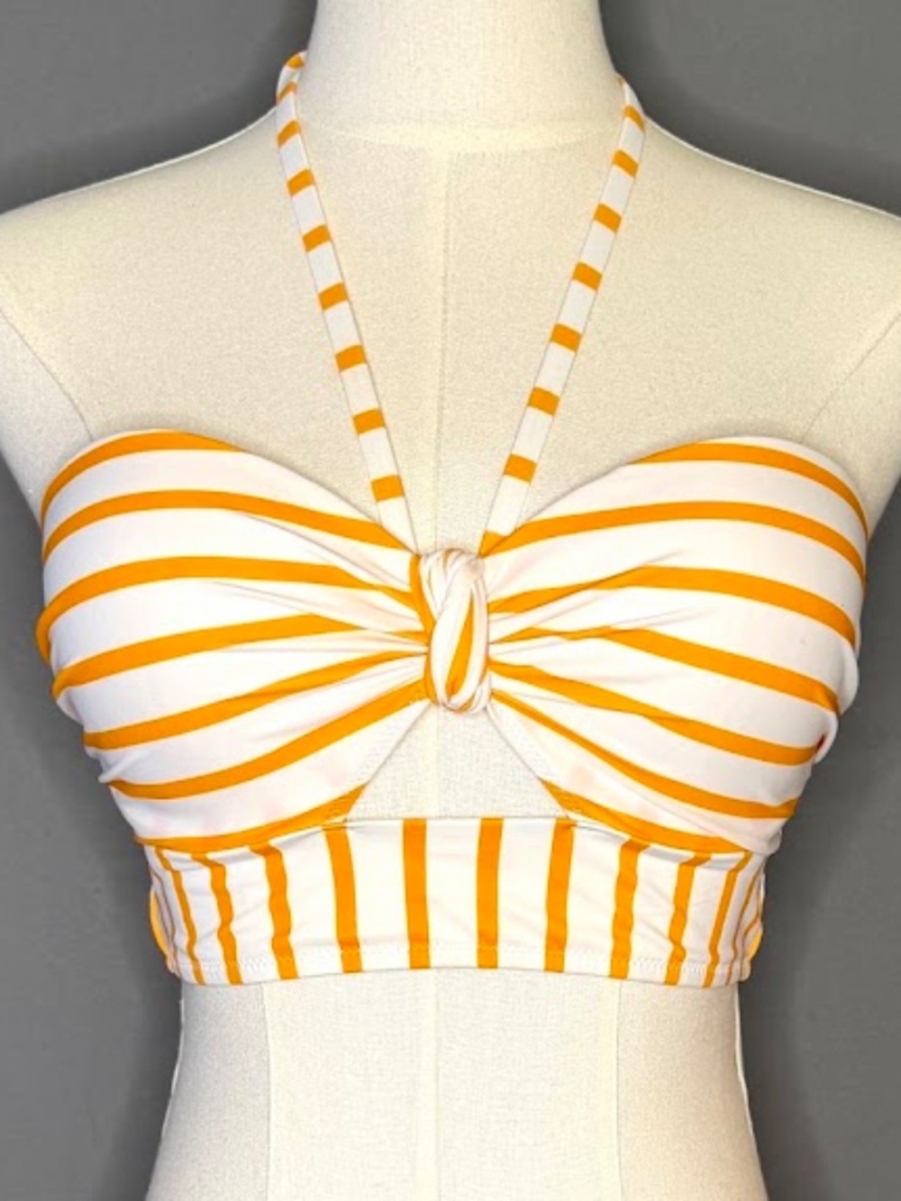 Shade & Shore Yellow White Striped Halter Bikini Top Knot Front Size 34C